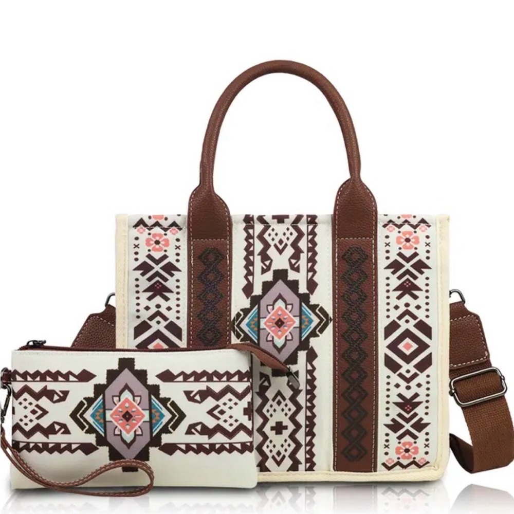 Brown and Cream Patterned Tote Bag Set